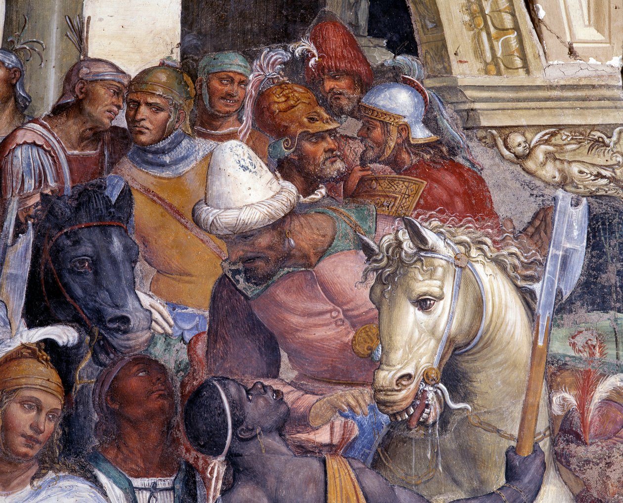 Kommentar Benedikt møder de to unge romere Maur og Placid (St. Benedict møder den unge roman Maurus og Placid) Detaljeret fresko af klostret lavet af Antonio Bazzi dit il Sodoma (1477 - 1549), der fortæller om Sankt Benedikt af Nursie