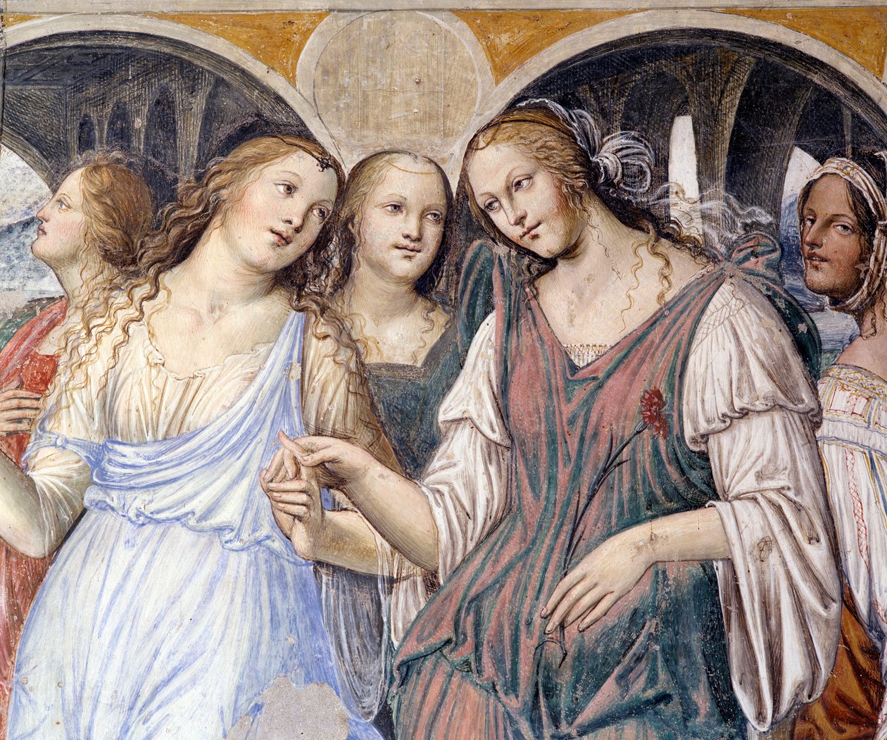 Florent sendte prostituerede til klostret (Florenzo sender kurtisaner til klostret Sankt Benedikt) Detaljeret fresko af klostret udført af Antonio Bazzi dit il Sodoma (1477 - 1549), der fortæller om Sankt Benedikts (480 - 567) grundlægger af ordenen. af Giovanni Antonio Bazzi Sodoma