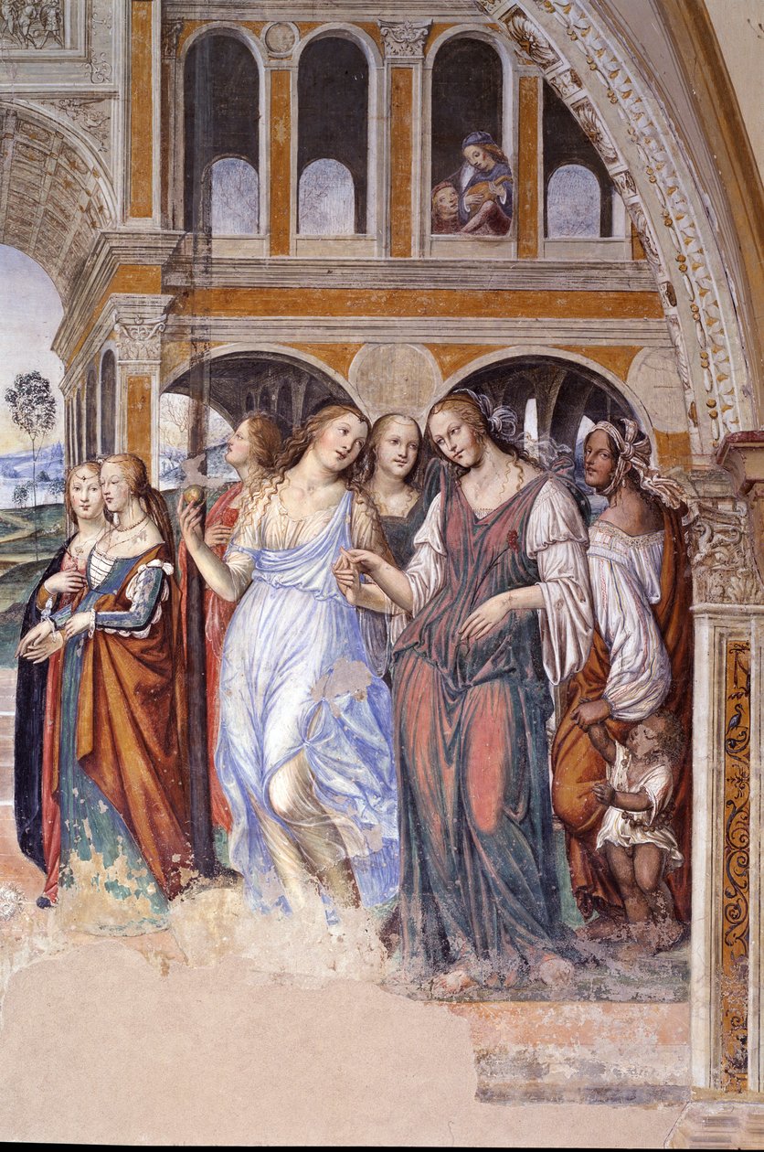 Florent sendte prostituerede til klostret (Florenzo sender kurtisaner til klostret Sankt Benedikt) Detaljeret fresko af klostret udført af Antonio Bazzi dit il Sodoma (1477 - 1549), der fortæller om Sankt Benedikts (480 - 567) grundlægger af ordenen. af Giovanni Antonio Bazzi Sodoma