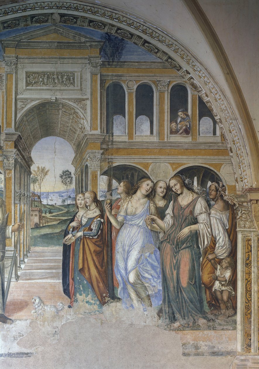 Florentius sender skøgerne ind i klostret, scene fra St. Benedikts liv af Giovanni Antonio Bazzi Sodoma