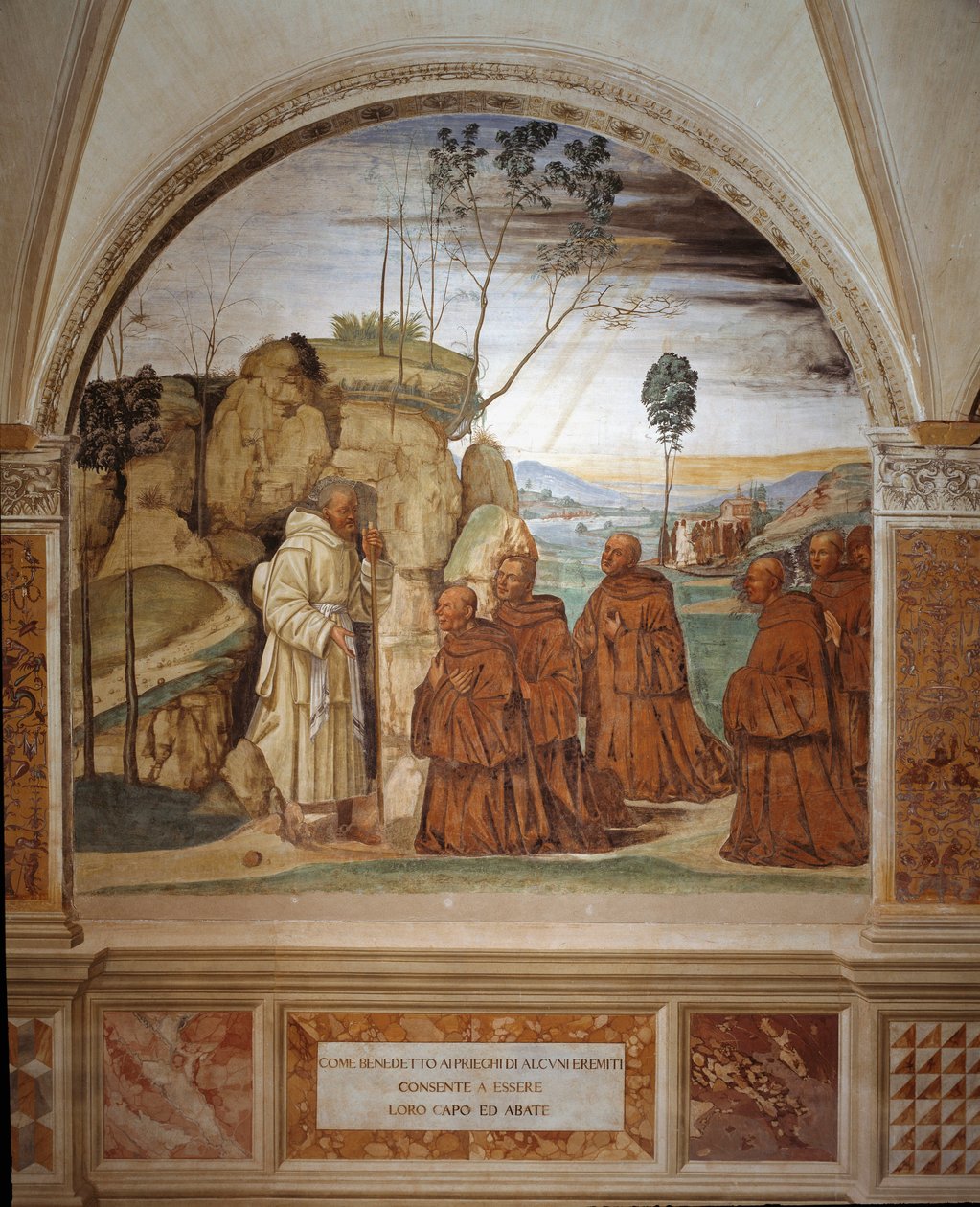 Hvordan Benedikte besvarer eneboernes bøn og indvilliger i at være deres leder Fresco af cloitre realiseret af Antonio Bazzi dit il Sodoma (1477 - 1549), der fortæller om livet for Saint Benedict of Nursie (480 - 567), grundlæggeren af Benediktinerordenen  af Giovanni Antonio Bazzi Sodoma