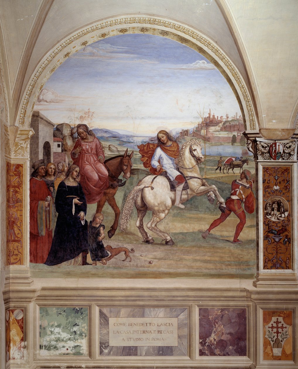 "Hvordan Benedikte forlod sin fars hus og tog til Rom for at studere" (Benedict forlod sin fars hus og tog til Rom for at studere) Klosterfreskomaleri lavet af Antonio Bazzi dit il Sodoma (1477-1549), der fortæller om Sankt Benedikt af Nursias liv ( 480 -  af Giovanni Antonio Bazzi Sodoma