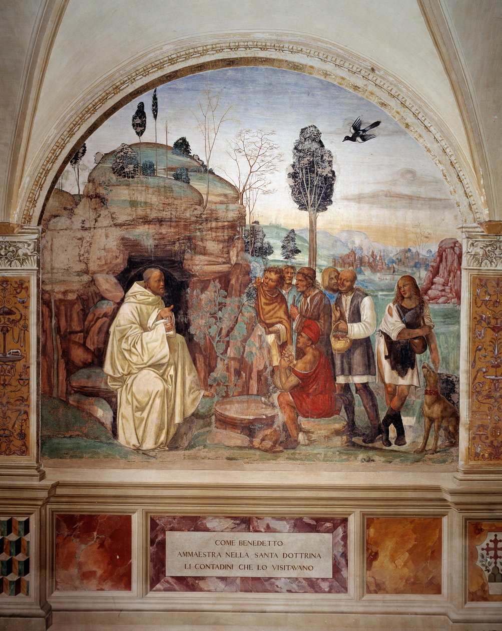 Hvordan Benedikt underviser den hellige lære til bønderne, der besøger ham (Sankt Benedikt lærer den hellige lære til bonden, der besøger ham) Fresko af klostret lavet af Antonio Bazzi dit il Sodoma (1477 - 1549), der fortæller om Sankt Benedikt af Nurs