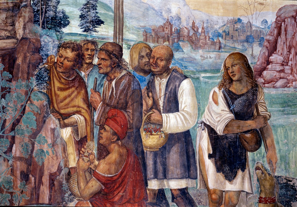 Hvordan Benedikt underviser den hellige doktrin til bønderne, der besøger ham. Detaljefresko af klosteret realiseret af Antonio Bazzi dit il Sodoma (1477 - 1549), der fortæller om livet for den hellige Benedikt af Nursia (480 - 567), grundlæggeren af Bened af Giovanni Antonio Bazzi Sodoma