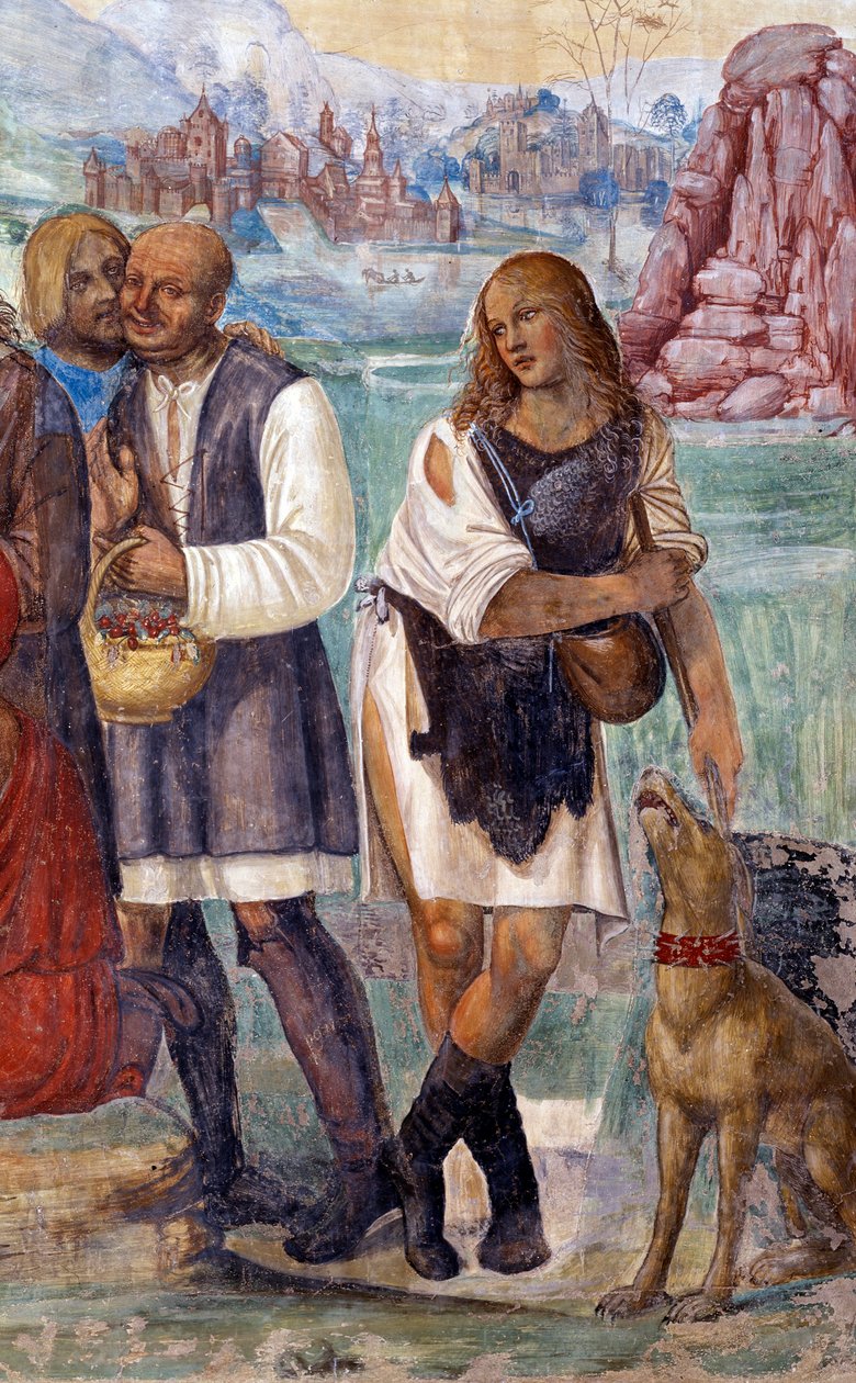 Hvordan Benedikt underviser den hellige doktrin til bønderne, der besøger ham. Detaljeret fresko af klosteret realiseret af Antonio Bazzi dit il Sodoma (1477 - 1549), der fortæller om livet for den hellige Benedikt af Nursie (480 - 567), grundlæggeren af B af Giovanni Antonio Bazzi Sodoma