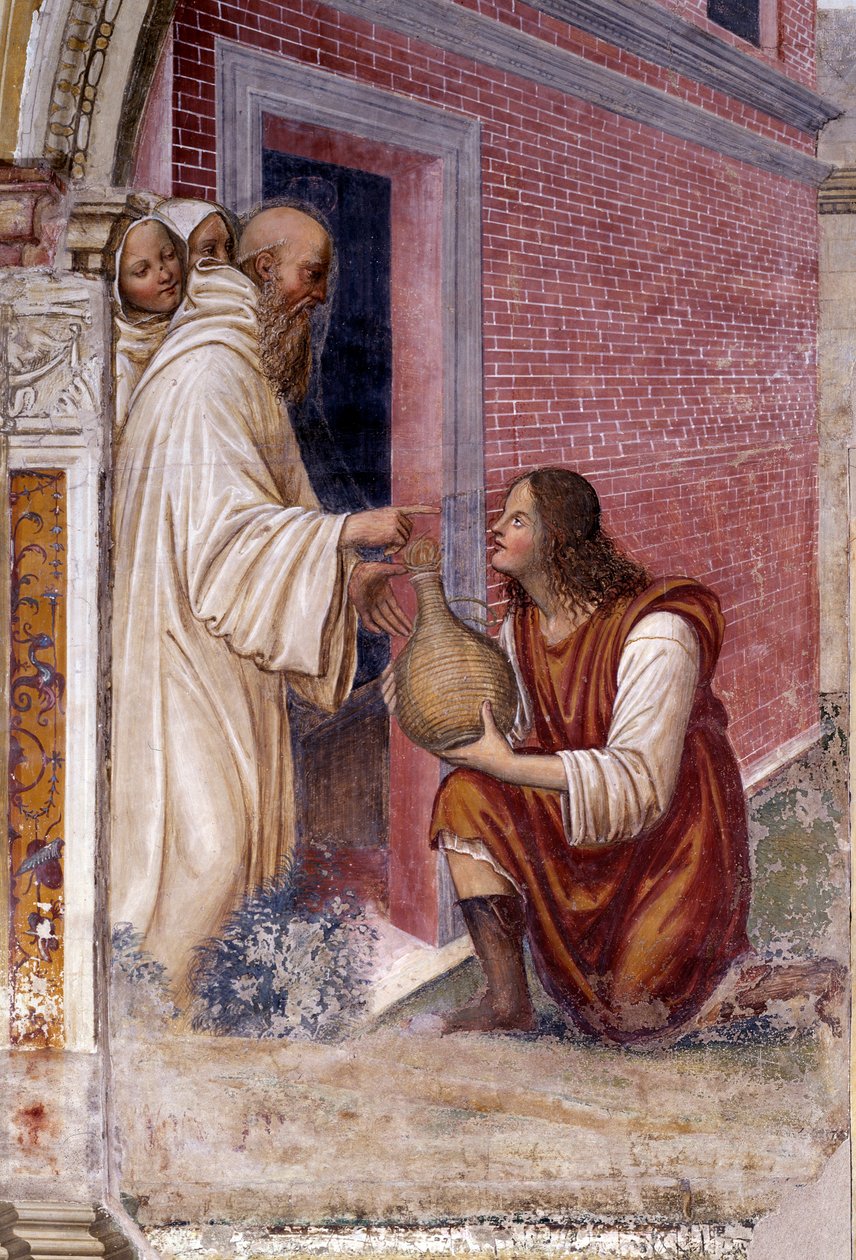 Hvordan Benedikt forvandler sig til en slange en flaske vin, gemte en tjener for ham. Detalje - fresko af klostret lavet af Antonio Bazzi dit il Sodoma (1477 - 1549), der fortæller om livet for Sankt Benedikt af Nursie (480 - 567), grundlæggeren af ordenen af Giovanni Antonio Bazzi Sodoma