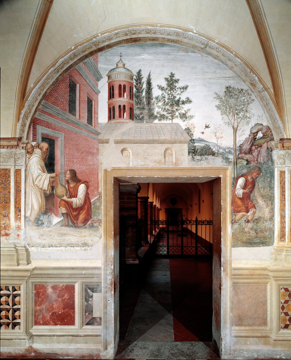 Hvordan Benedikt forvandler sig til en vinslange, gemte en tjener for ham. Detalje - fresko af klostret lavet af Antonio Bazzi dit il Sodoma (1477 - 1549), der fortæller om livet for den hellige Benedikt af Nursie (480 - 567), grundlæggeren af Benediktiner af Giovanni Antonio Bazzi Sodoma