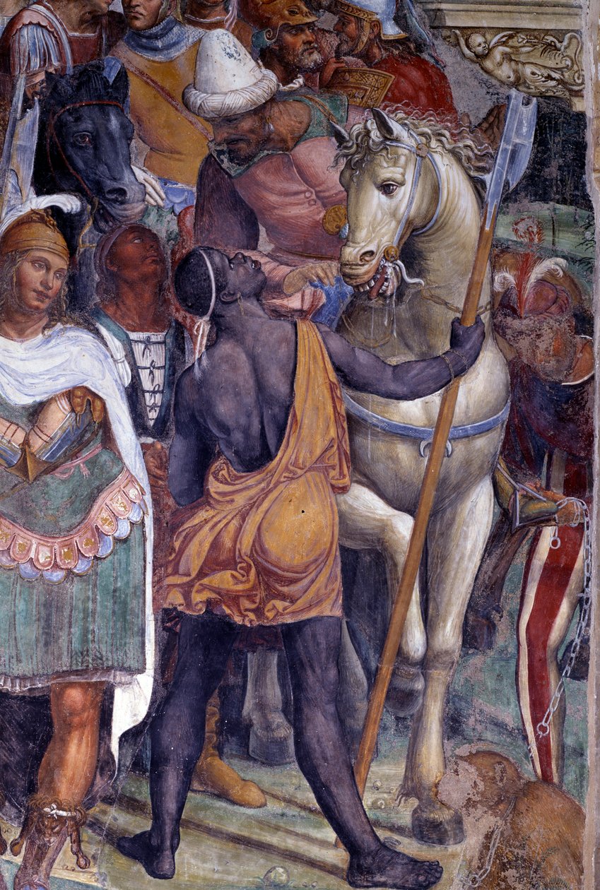 Hvordan Benoit møder de to unge romere Maur og Placide (St. Benedict møder de unge romaner Maurus og Placid) Detalje af eskorten af unge mænd - Fresko af klostret lavet af Antonio Bazzi dit il Sodoma (1477 - 1549), der fortæller om Saints liv Benedikt af Giovanni Antonio Bazzi Sodoma