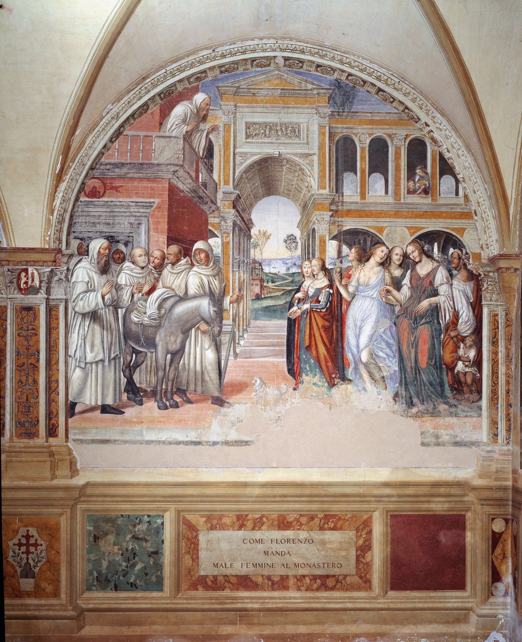 Hvordan Fiorenzo sender prostituerede i klostret (Hvordan Fiorenzo sender prostituerede i klostret) - fresko af klostret lavet af Antonio Bazzi dit il Sodoma (1477 - 1549), der fortæller om livet for Sankt Benedikt af Nursia (480 - 567), grundlæggeren af o af Giovanni Antonio Bazzi Sodoma