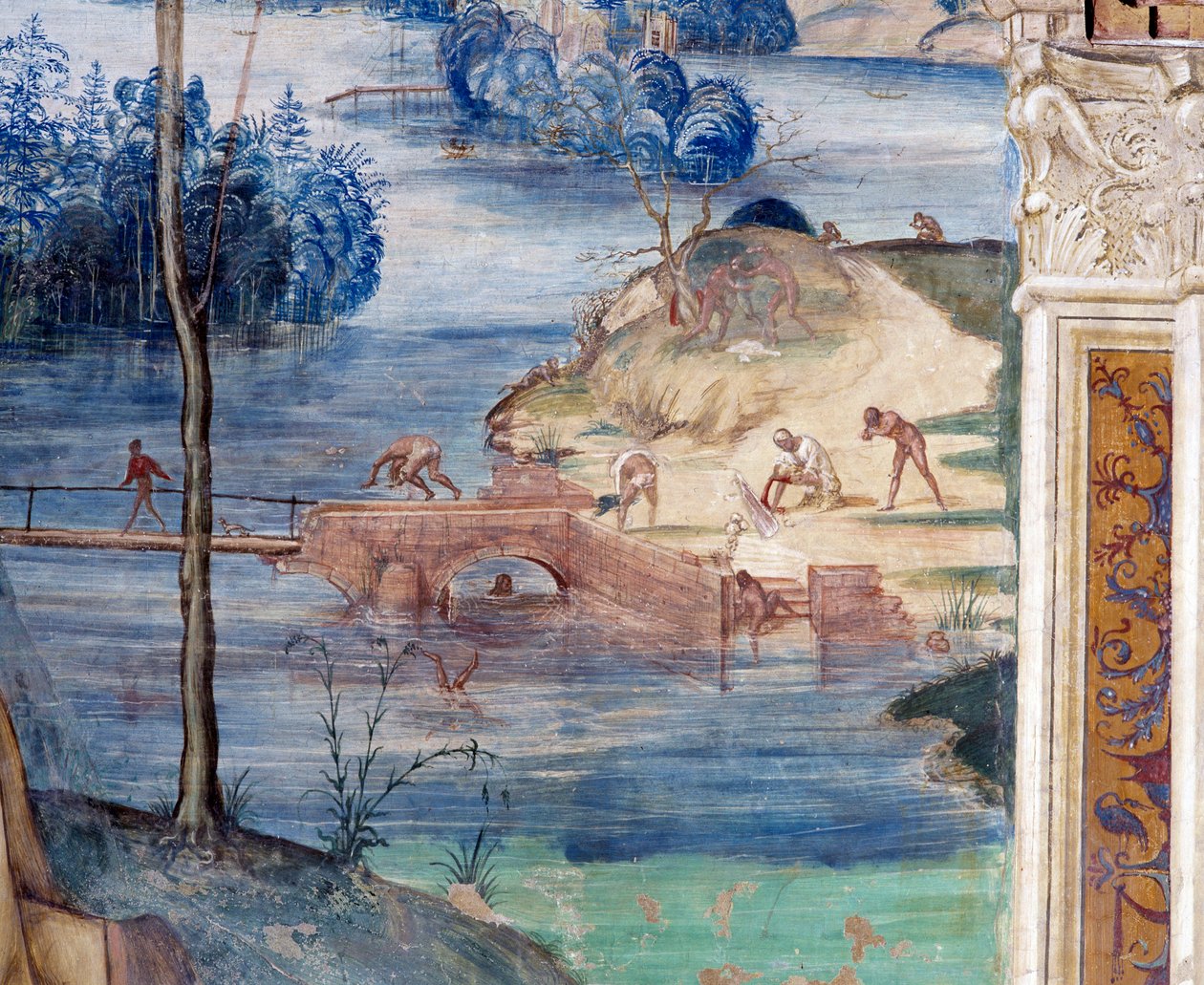 Hvordan Saint Maur går på vandet for at redde Placid (Maurus går på vandet for at redde Placid) - Detalje Fresko af klostret lavet af Antonio Bazzi dit il Sodoma (1477-1549), der fortæller om livet for Sankt Benedikt af Nursie (480 - 567) ) Ordenens grundl af Giovanni Antonio Bazzi Sodoma