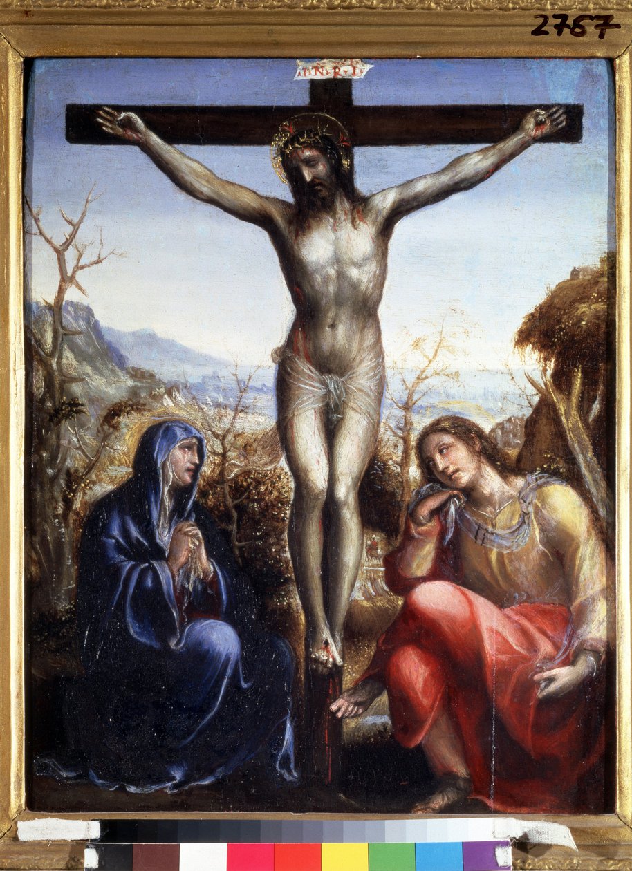 La crucifixion avec la Vierge et Jean Baptiste (Korsfæstelsen med Jomfru og Johannes døberen). Indskriften ""I.N.R.I."" (INRI) på korset. Maleri af Sodoma (eller Giovanni Antonio Bazzi af Giovanni Antonio Bazzi Sodoma
