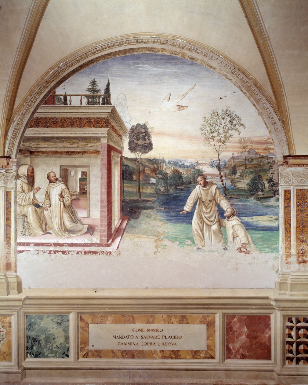 Maur går på vandet for at redde St. Placid (St. Maurus går på vandet for at redde St. Placid) fresko af klostret lavet af Antonio Bazzi dit il Sodoma (1477 - 1549), der fortæller om livet for Saint Benedict of Nursie (480 - 567) grundlæggeren af Benediktin af Giovanni Antonio Bazzi Sodoma