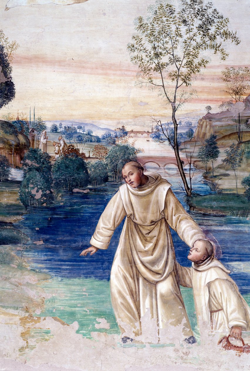 Maur går på vandet for at redde St. Placid Detail Cloister fresco af Antonio Bazzi dit il Sodoma (1477 - 1549), der fortæller om livet for Saint Benedikt af Nursie (480 - 567) grundlægger af Benediktinerordenen 1503 - 1508 Abbey of Monte Oliveto Maggiore,  af Giovanni Antonio Bazzi Sodoma