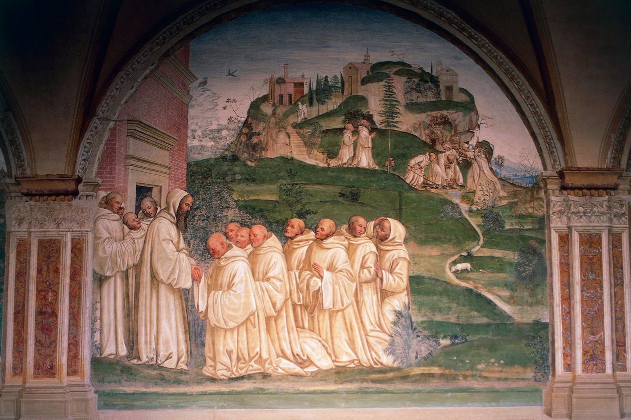 Sankt Benedikt bad af munke, producerer vand fra toppen af bjerget, scene fra Historier om Sankt Benedikt af Monte Oliveto Maggiore af Giovanni Antonio Bazzi Sodoma