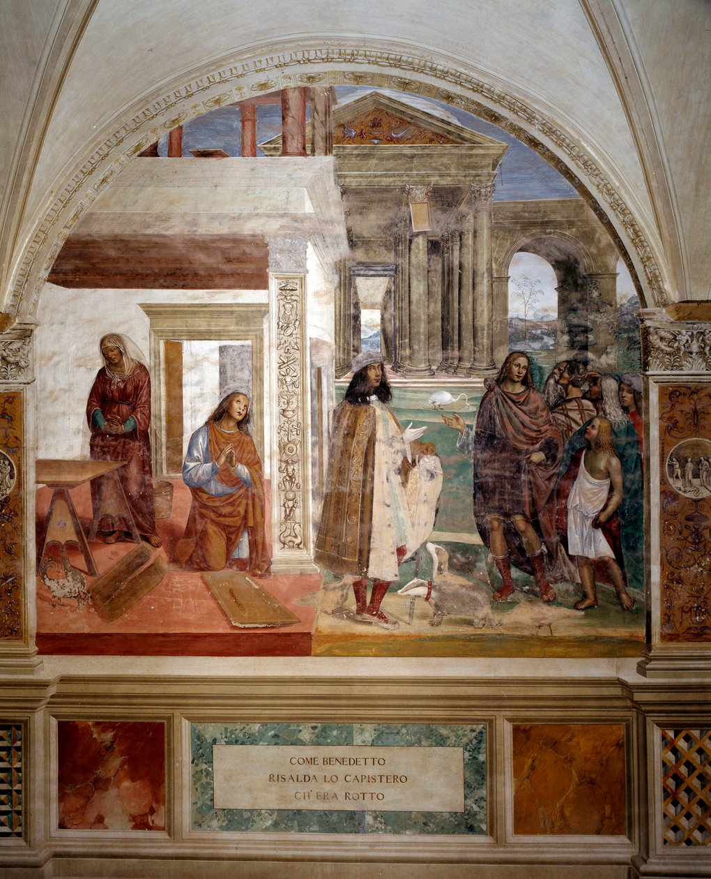 Sankt Benedikt ordner en knækket si I midten af billedet, selvportræt af kunstneren - Fresko af klostret realiseret af Antonio Bazzi dit il Sodoma (1477 - 1549), der fortæller om Sankt Benedikt af Nursie