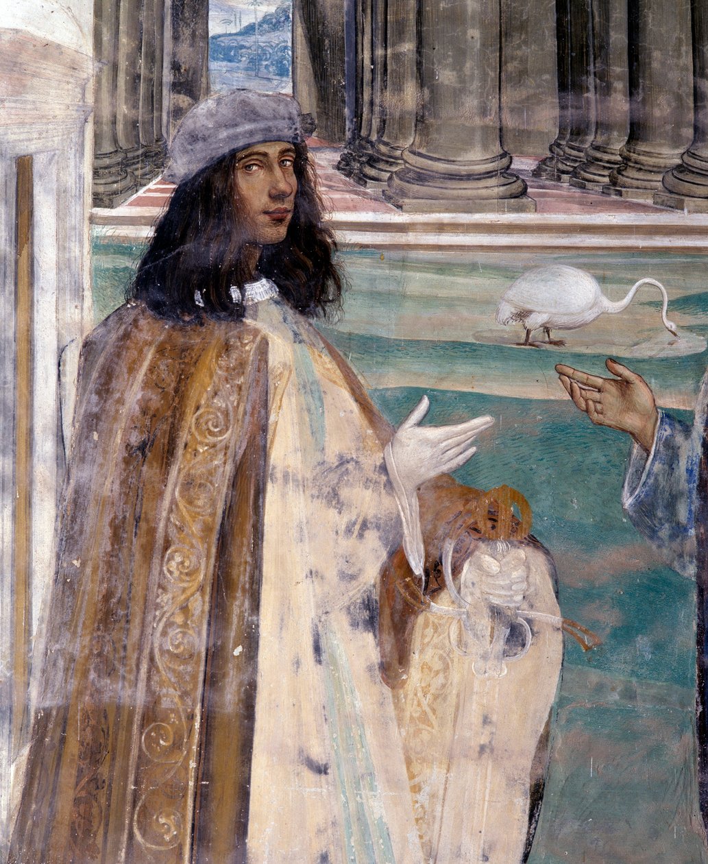 Sankt Benedikt reparerer en knækket si Selvportræt af kunstneren - Detalje Fresko af klostret realiseret af Antonio Bazzi dit il Sodoma (1477 - 1549), der fortæller om livet for Sankt Benedikt af Nursie (480 - 567), grundlægger af Benediktinerordenen 1503  af Giovanni Antonio Bazzi Sodoma