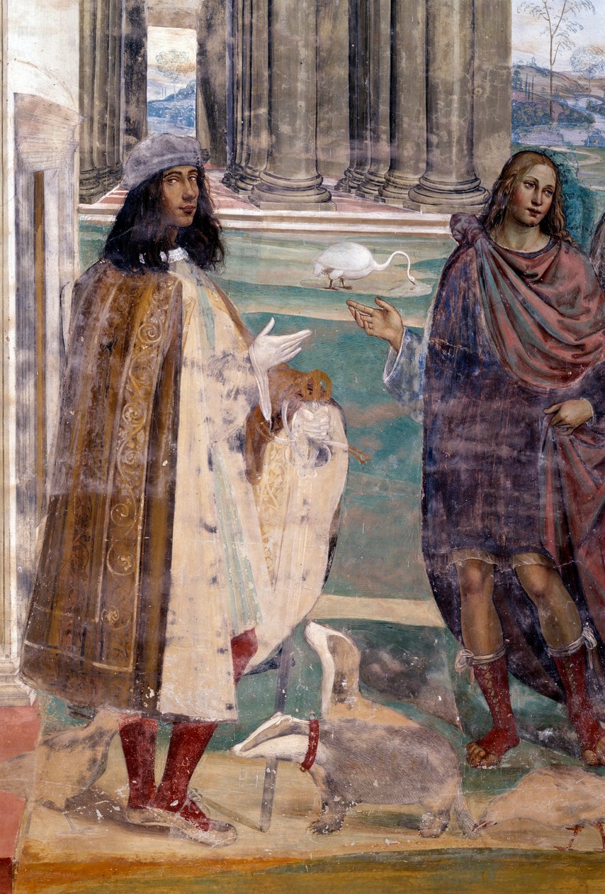 Sankt Benedikt reparerer en knækket si Selvportræt af kunstneren - Detalje Fresko af klostret realiseret af Antonio Bazzi dit il Sodoma (1477 - 1549), der fortæller om livet for Sankt Benedikt af Nursie (480 - 567), grundlægger af Benediktinerordenen 1503  af Giovanni Antonio Bazzi Sodoma
