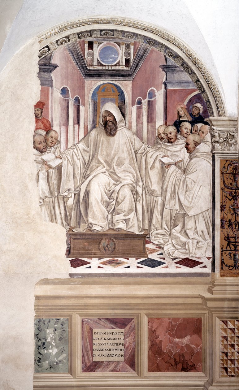 Sankt Benedikt giver munkene reglen (Benedikt giver munkene reglen) fresko af klostret lavet af Antonio Bazzi dit il Sodoma (1477 - 1549), der fortæller om livet for Sankt Benedikt af Nursie (480 - 567), grundlæggeren af ordenen af Benediktiner 1503 af Giovanni Antonio Bazzi Sodoma