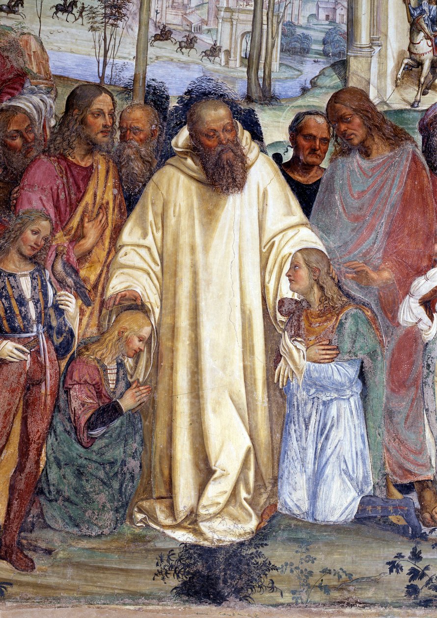 Sankt Benedikt modtager to unge romere, Maur og Placide (Benedikt møder to unge romaner, Maurus og Placid) Detaljeret fresko af klostret lavet af Antonio Bazzi dit il Sodoma (1477 - 1549), der fortæller om Sankt Benedikt af Nursie