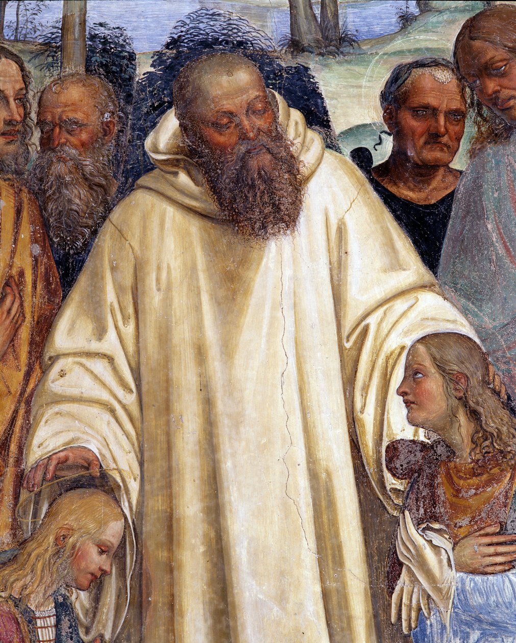 Sankt Benedikt modtager to unge romere, Maur og Placide (Benedikt møder to unge romaner, Maurus og Placid) Detaljeret fresko af klostret lavet af Antonio Bazzi dit il Sodoma (1477 - 1549), der fortæller om Sankt Benedikt af Nursie