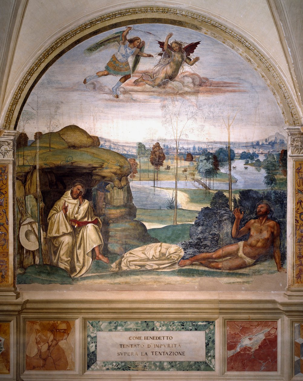 Sankt Benedikt sejrer over fristelsen ved at kaste sig nøgen ind i en tornbusk, mens en engel kæmper mod dæmonen Fresco fra munkenes refektorium lavet af Antonio Bazzi dit il Sodoma (1477 - 1549) og fortæller om Sankt Benediktins liv (48) af Giovanni Antonio Bazzi Sodoma