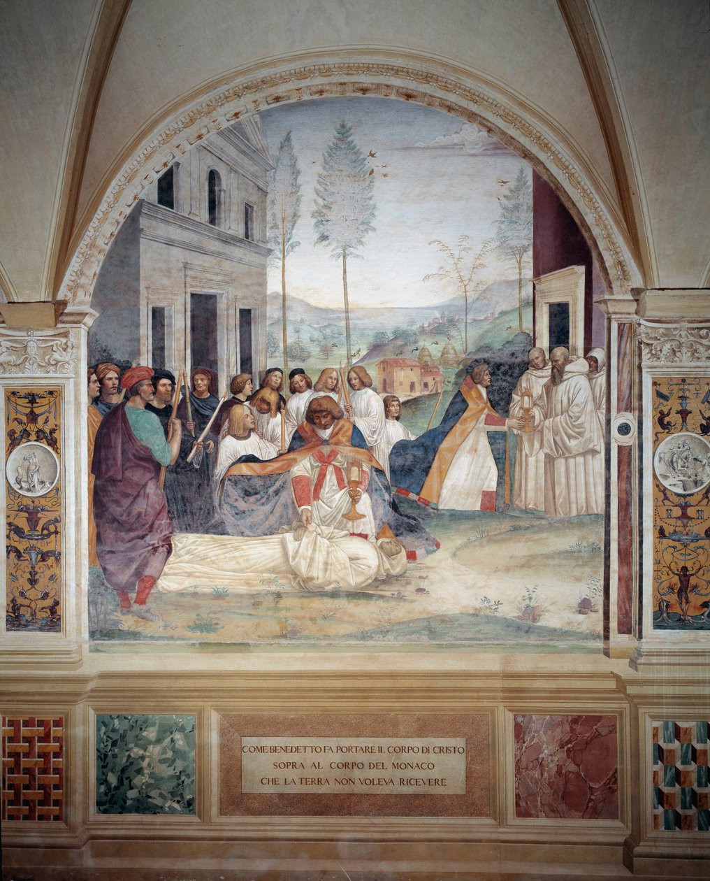 St. Benedikt bærer Kristi legeme på kroppen af den munk, som jorden nægter at begrave freskomaleri af cloitre lavet af Antonio Bazzi dit il Sodoma (1477 - 1549), der fortæller om livet for den hellige Benedikt af Nursie (480 - 567) grundlæggeren af Benedi- af Giovanni Antonio Bazzi Sodoma