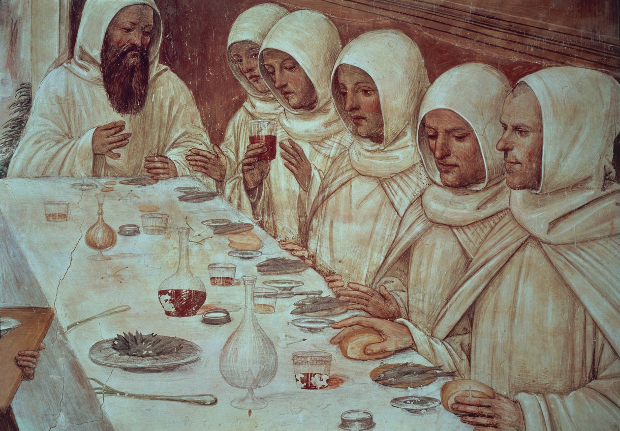 St. Benedikt havde fået rigeligt mel og fodret munkene, en detalje fra St. Benedikts liv af Giovanni Antonio Bazzi Sodoma