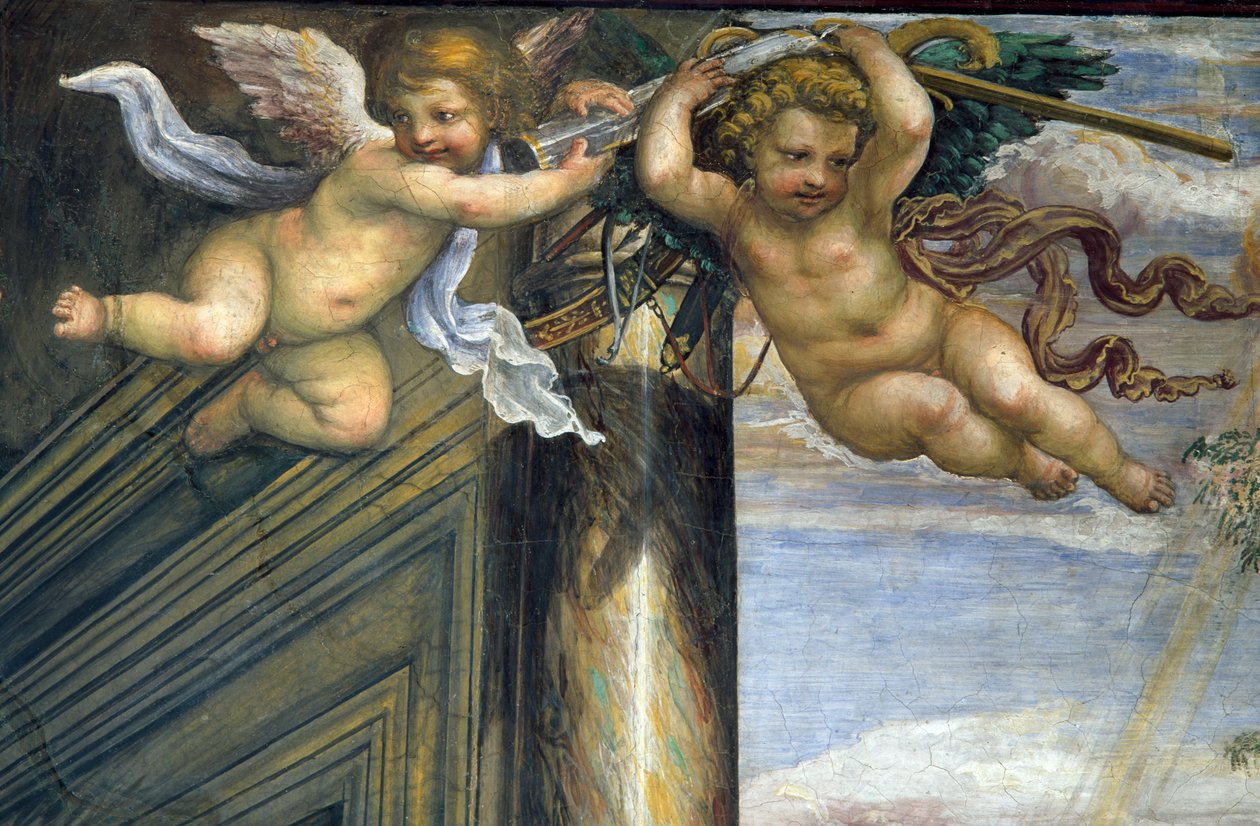 Sala delle Nozze di Alessandro e Rossana Hall af Alexander den Stores ægteskab 356-323 f.Kr. og Roxanne-detaljen af to flyvende putti, ca. 1513 freskodetalje af 107224 af Giovanni Antonio Bazzi Sodoma