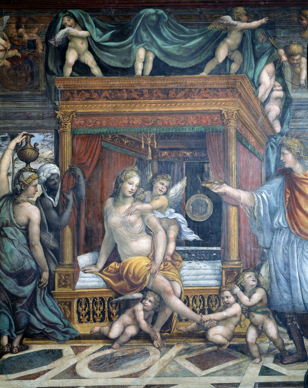 Sala delle Nozze di Alessandro e Rossana Hallen for Alexander den Stores ægteskab 356-323 f.Kr. og Roxanne-detaljen af Roxanne i hendes sengekammer, der blev overrakt en krone af Alexander, ca. 1513 fr. af Giovanni Antonio Bazzi Sodoma