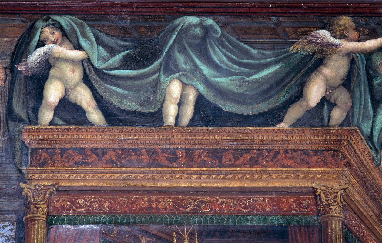 Sala delle Nozze di Alessandro e Rossana Hallen for Alexander den Stores ægteskab 356-323 f.Kr. og Roxanne-detaljen af putti, der leger under sengehimmelen, ca. 1513 freskodetalje fra 107228 af Giovanni Antonio Bazzi Sodoma