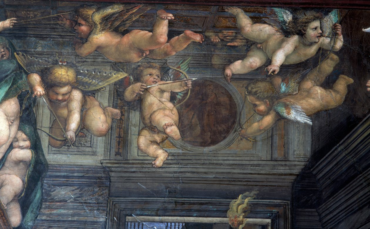 Sala delle Nozze di Alessandro e Rossana Hall af Alexander den Stores ægteskab 356-323 f.Kr. til Roxanne detalje af flyvende putti, ca. 1513 fresco detalje af 107226 af Giovanni Antonio Bazzi Sodoma