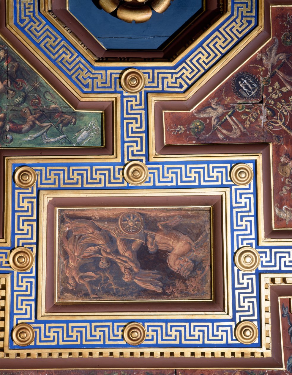 Sala delle Nozze di Alessandro e Rossana Hallen for Alexander den Stores ægteskab 356-323 f.Kr. og Roxanne-detaljen af loftsdekorationen, fresko ca. 1513 af Giovanni Antonio Bazzi Sodoma