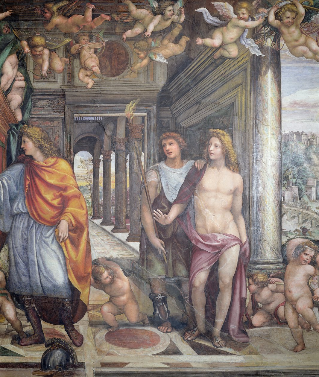 Sala delle Nozze di Alessandro e Rossana Hallen for Alexander den Stores ægteskab 356-323 f.Kr. og Roxanne-detaljen af Alexander og to mandlige ledsagere med putti ovenfor, ca. 1513 freskodetalje af 10 af Giovanni Antonio Bazzi Sodoma