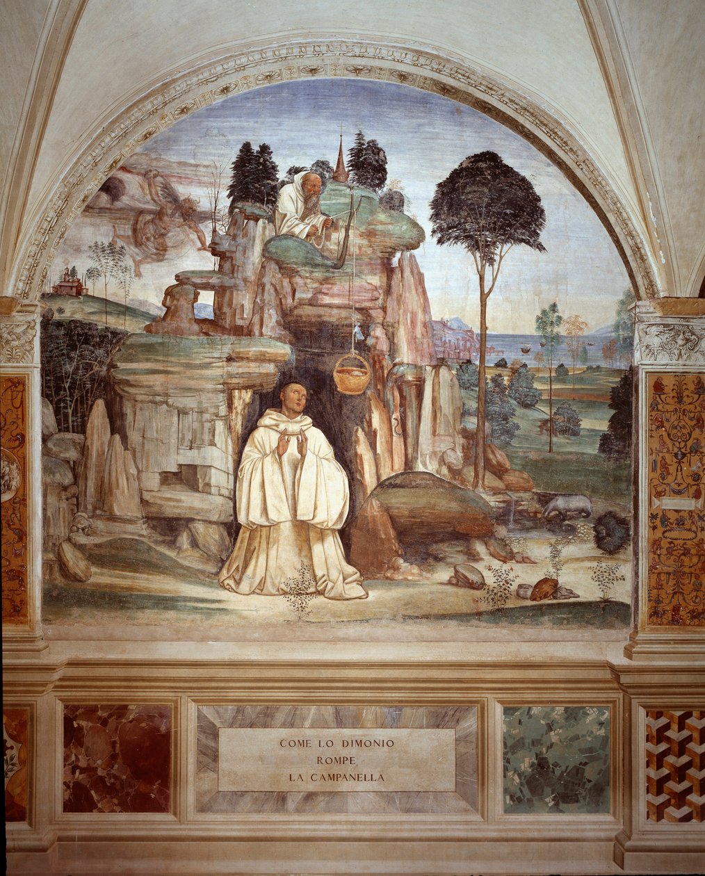 Dæmonen knækker klokken - Dæmonen bryder klokkefreskoen af klostret lavet af Antonio Bazzi dit il Sodoma (1477 - 1549), der fortæller om livet for Saint Benedict of Nursie (480 - 567) grundlægger af Benediktinerordenen 1503 - 1508 Abbey af Monte Olivet af Giovanni Antonio Bazzi Sodoma
