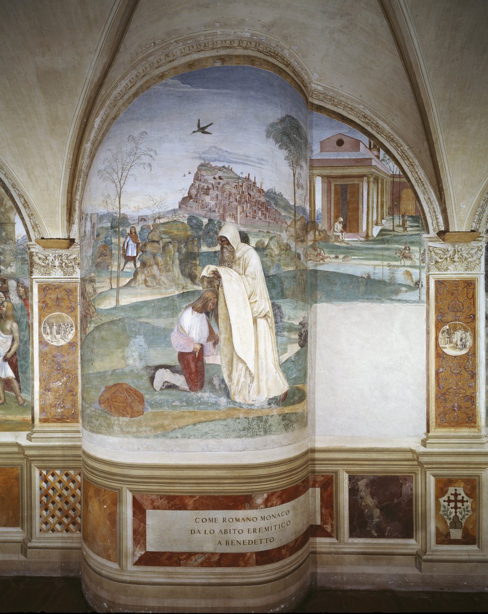 Munken Romano giver Benedikt for vanen at være en eremit af Giovanni Antonio Bazzi Sodoma