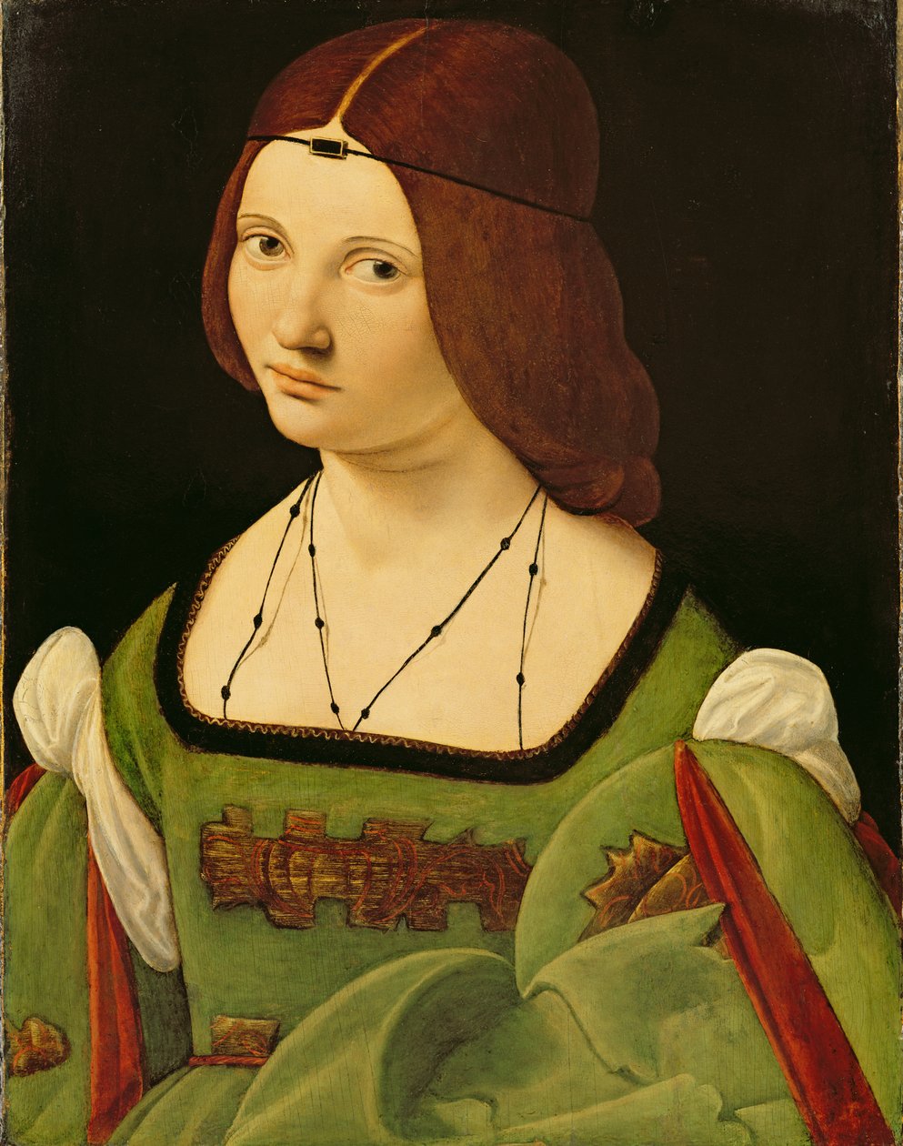 Portræt af en dame (før rengøring) (olie på panel) (se 130358) af Giovanni Antonio Boltraffio