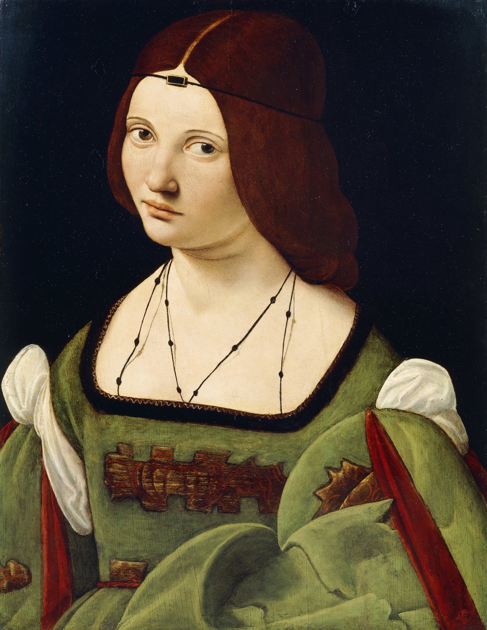 Portræt af en dame, der siges at være Clarice Pusterla, halvlangt, i en grøn kjole, af Giovanni Antonio Boltraffio