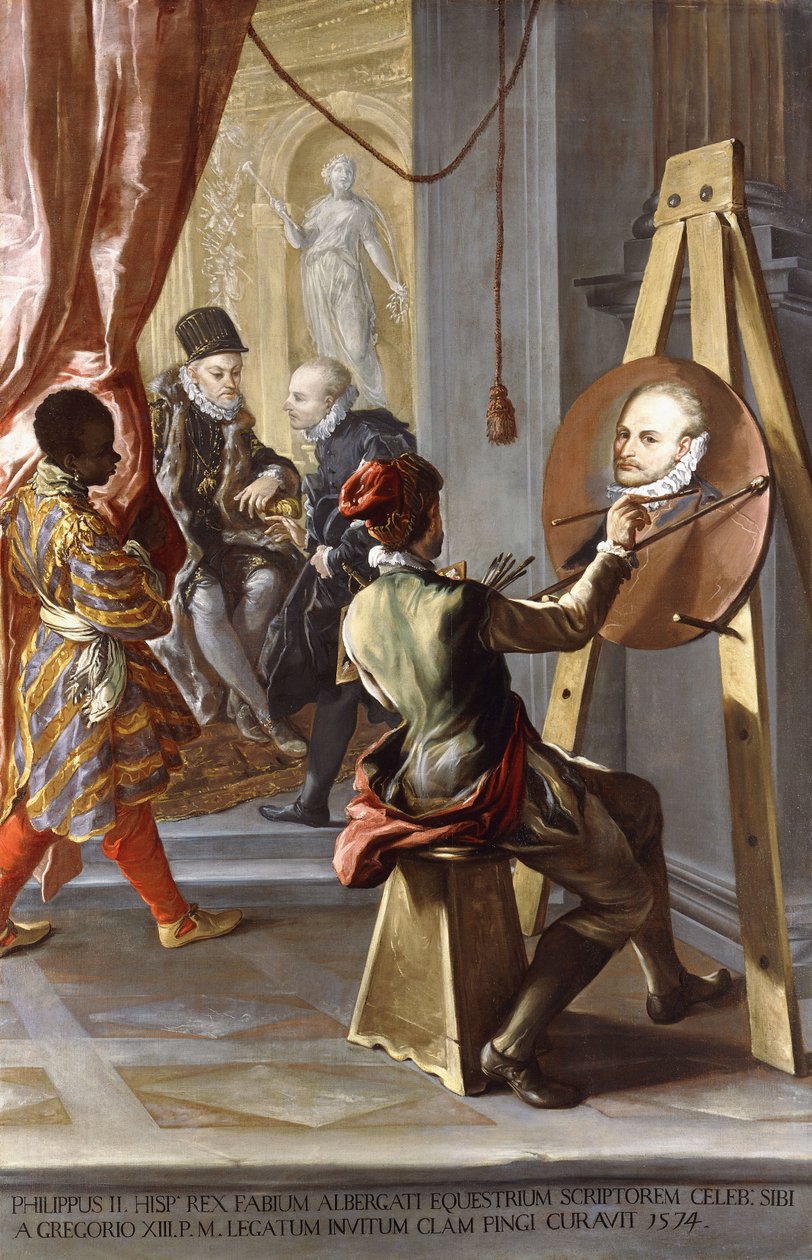 Fabio Albergati modtaget af Filip II af Spanien, mens en kunstner i hemmelighed udfører sit portræt efter kongens anvisninger af Giovanni Antonio Burrini or Burino