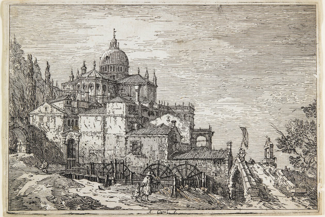 Landskab med Kirke, Huse og Mølle af Giovanni Antonio Canal