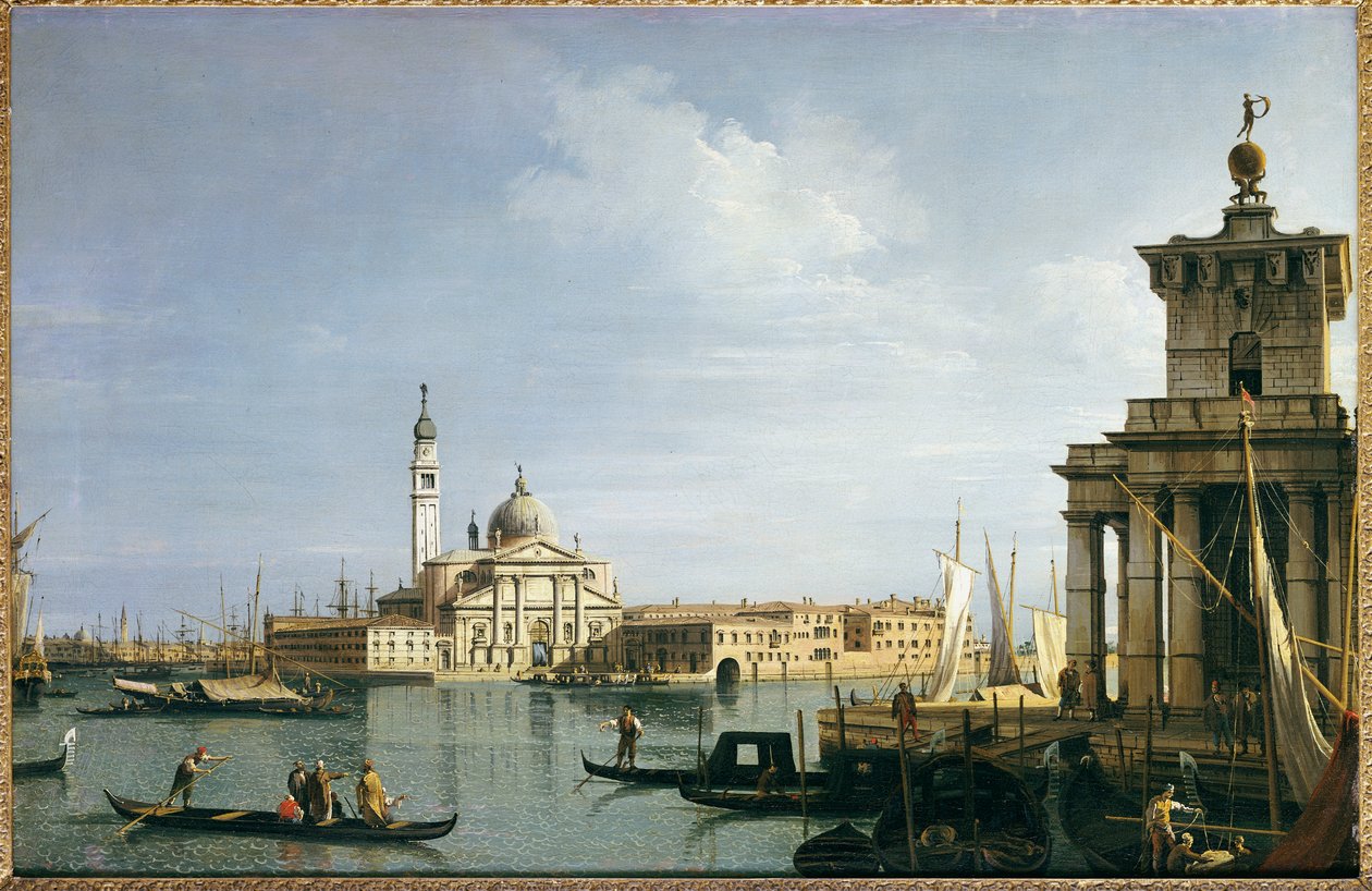 Øen San Giorgio Maggiore, Venedig, med Punta della Dogana og talrige skibe af Giovanni Antonio Canal