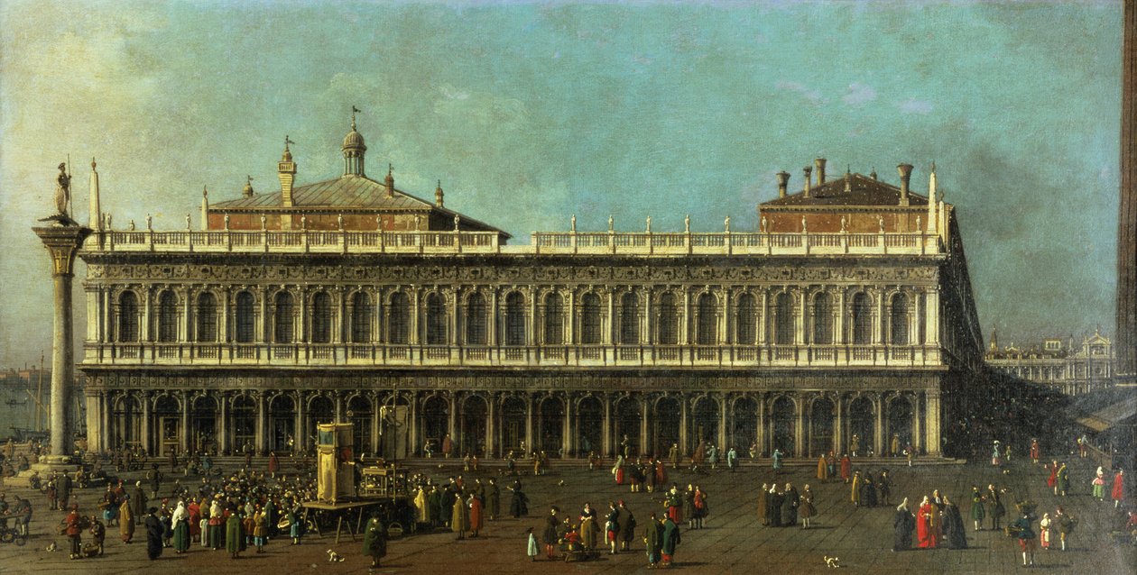 Biblioteket og Piazzettaen, Venedig, ser mod vest med talrige figurer og et dukketeater, ca. 1740 af Giovanni Antonio Canal