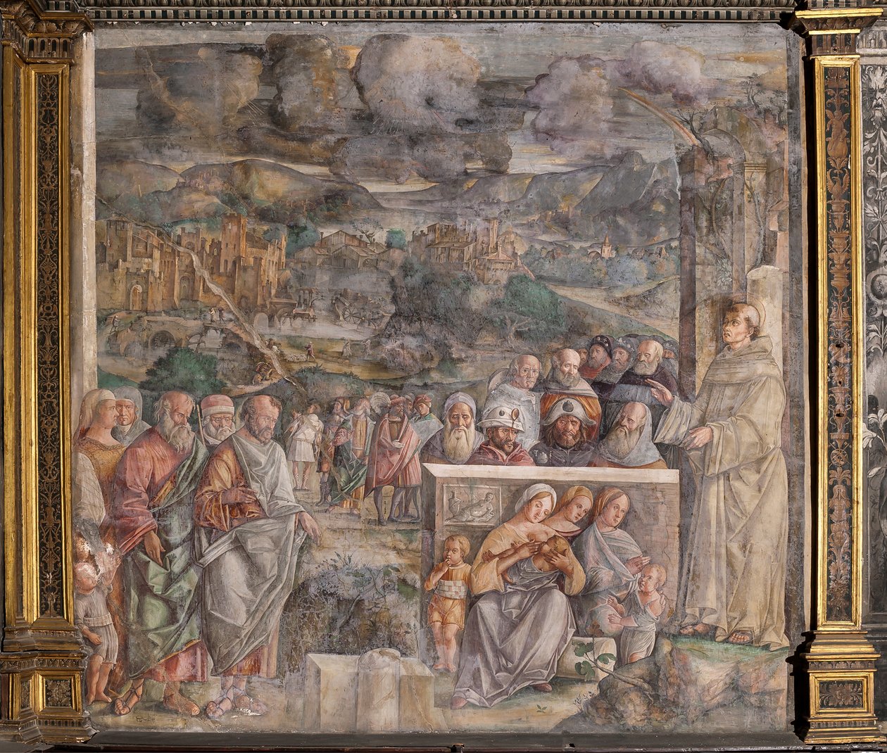 St. Anthony ankommer til Padua, hvor han genopretter freden mellem borgerne med styrken og sødmen af sin forkyndelse, School of the Saint af Giovanni Antonio Corona
