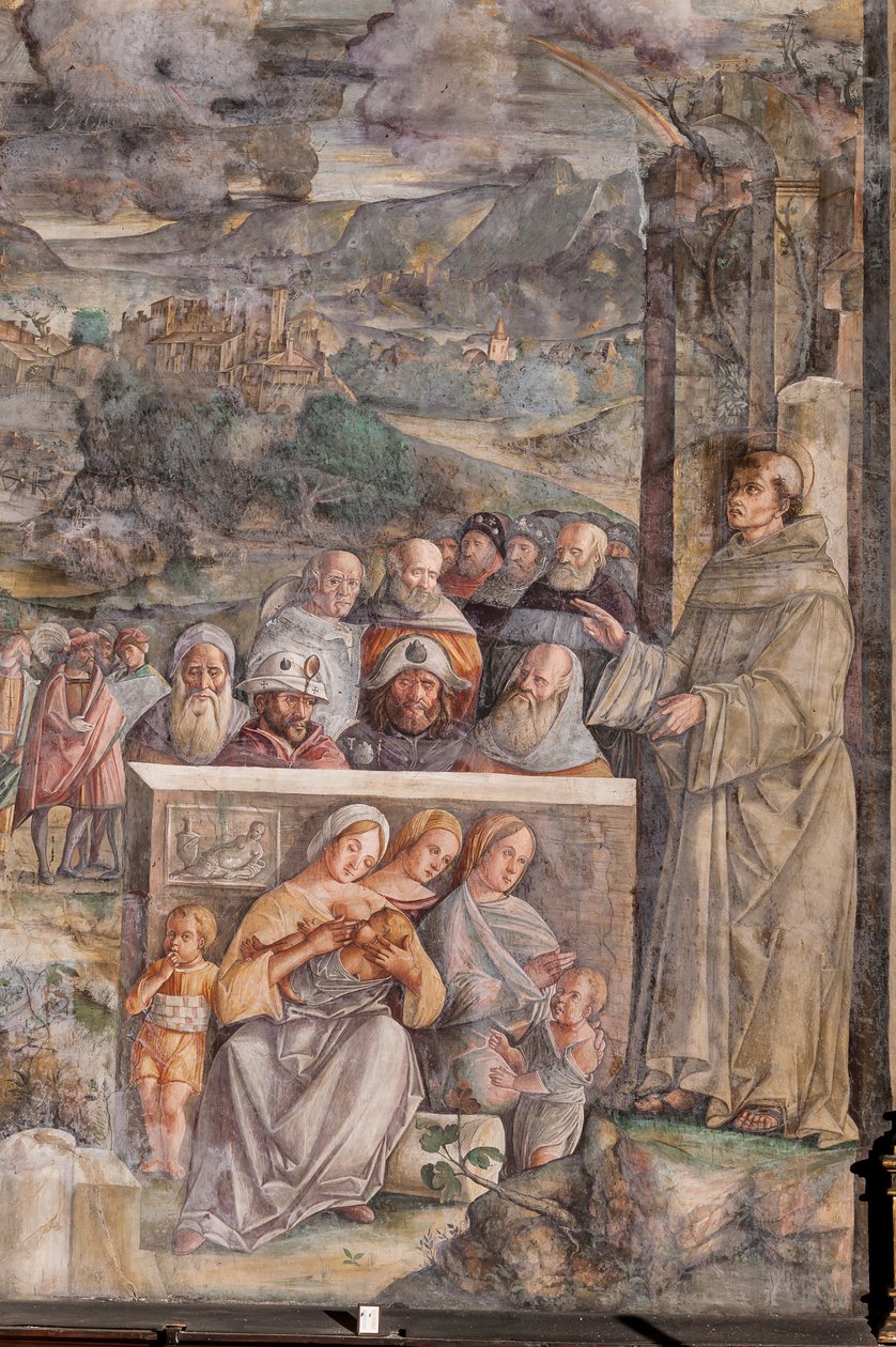 St. Anthony ankommer til Padua, hvor han genopretter freden mellem borgerne med styrken og sødmen fra sin forkyndelse, School of the Saint, detalje fra 2196876 af Giovanni Antonio Corona