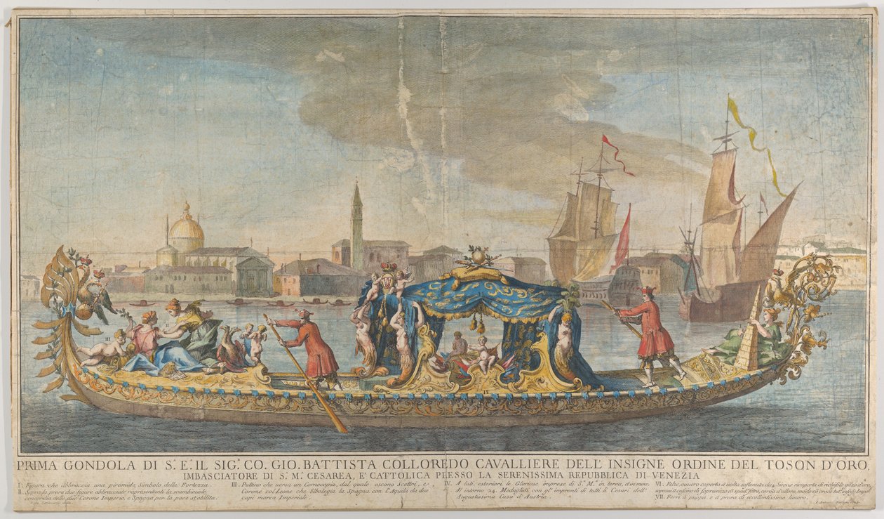 Ambassadør Giovanni Battista Colloreados meget udsmykkede første gondol på vej ind i..., 1720-30. af Giovanni Antonio Faldoni