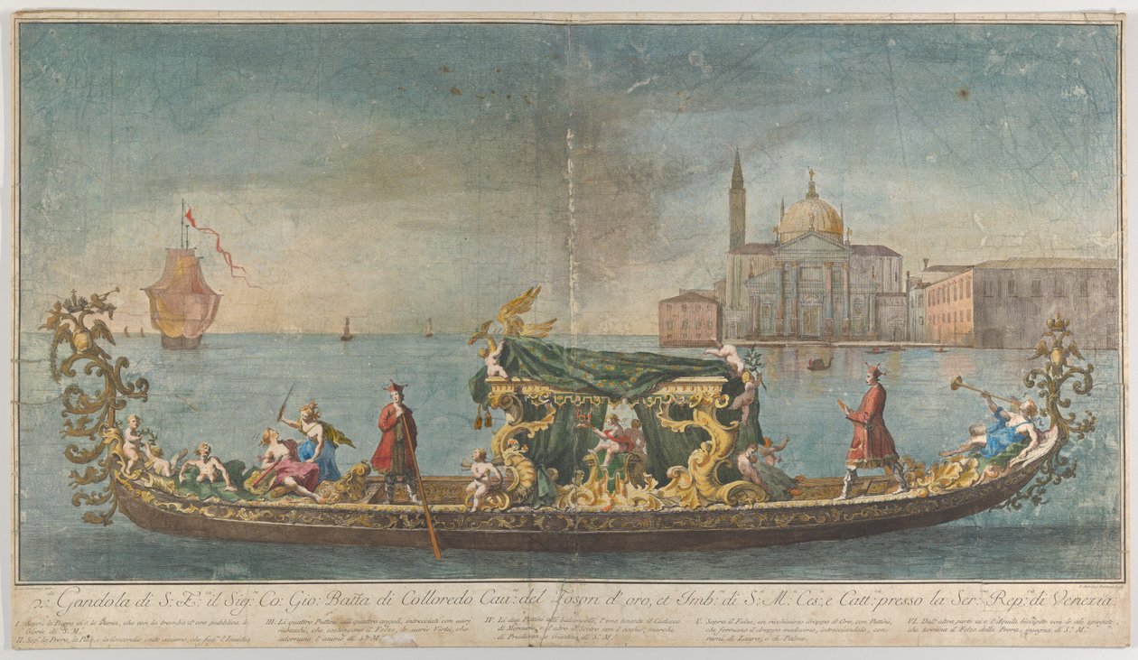 Den meget ornamenterede anden gondol af ambassadør Giovanni Battista Colloreado enterin..., 1720-30. af Giovanni Antonio Faldoni