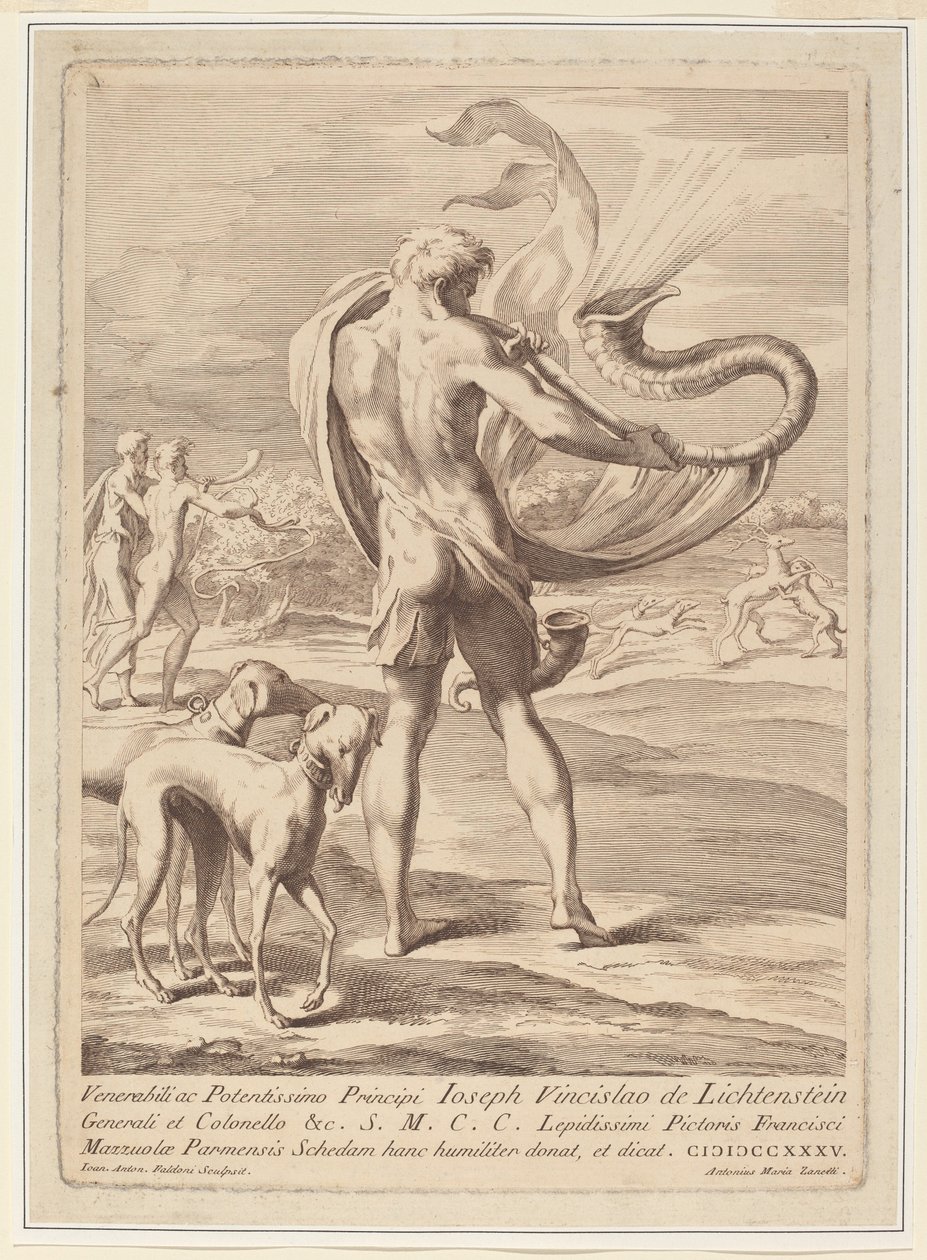 Nøgen mand blæser en konkylie af Giovanni Antonio Faldoni after Parmigianino