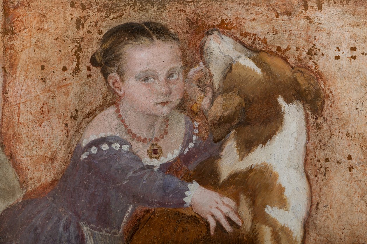 Lille pige og hund, detalje af The Banket, ca. 1570 (fresco) af Giovanni Antonio Fasolo