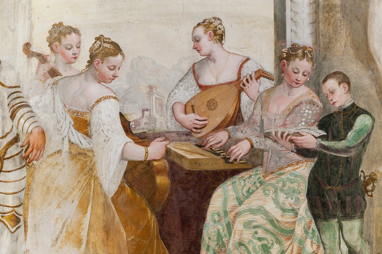 Ung dreng og hofdamer, detalje af The Concert, Main Hall, ca. 1570 (fresco) af Giovanni Antonio Fasolo