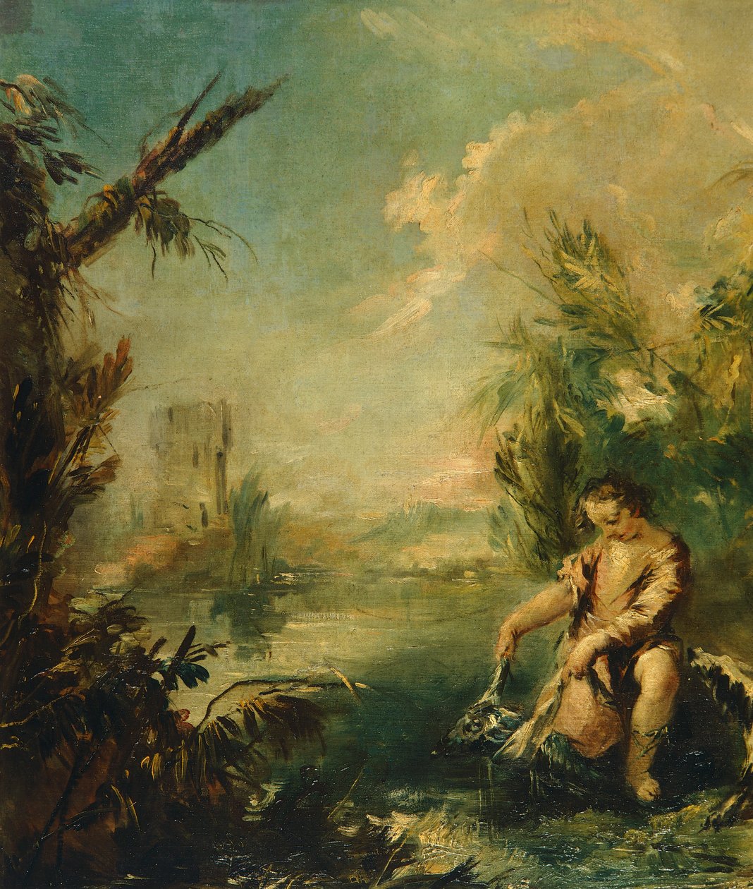 Detalje af Tobias og fisk af Giovanni Antonio Guardi