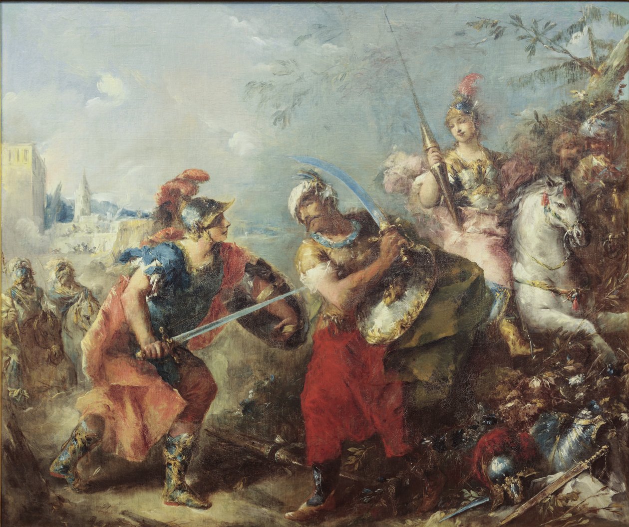 Kampen mellem Tancred og Argante med Clorinda i baggrunden af Giovanni Antonio Guardi
